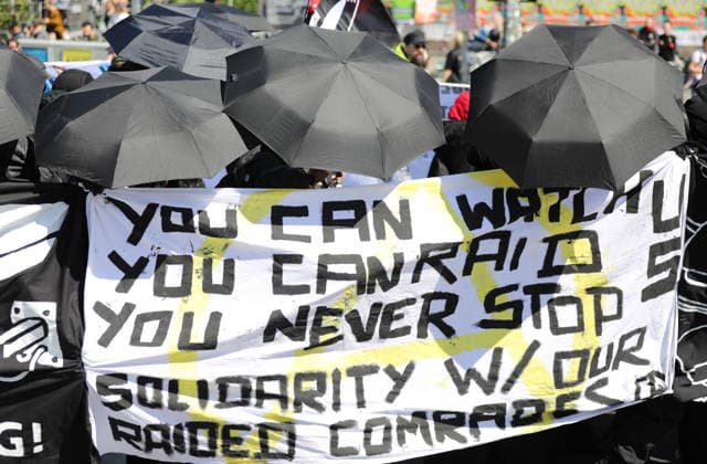 June 13, 2026, Berlin, Berlin, Germany: Demonstrators march through the streets of Berlin, Germany, protesting against the expansion of police surveillance technologies, biometric monitoring systems, facial recognition tools, and the use of artificial intelligence in law enforcement on June 13, 2026. Participants carried banners, flags, umbrellas, and symbolic props, including representations of surveillance cameras, while voicing concerns over privacy rights, state monitoring, and civil liberties. The demonstration was monitored by Berlin police as protesters gathered at several locations across the city demanding greater protections against digital surveillance and data collection. Berlin Germany  - ZUMAa268 20260613_zip_a268_004 Copyright: xAbdelrahmanxAlkahloutx