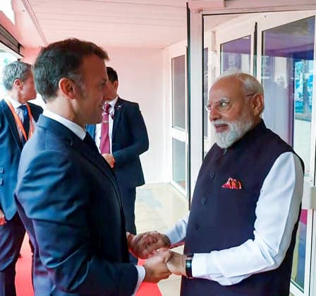 RECORD DATE NOT STATED PM Modi meets French President Emmanuel Macron Nice France , Jun 14 (ANI): Prime Minister Narendra Modi meets French President Emmanuel Macron, in Nice on Sunday. (DD ANI Video Grab) Nice France Copyright: xANIx ANI_20260614141