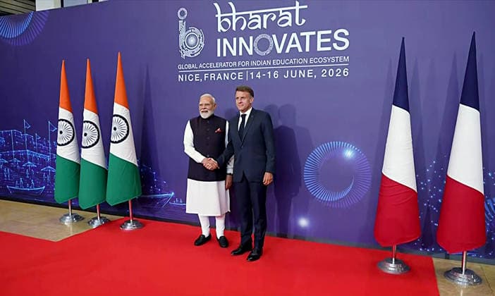 RECORD DATE NOT STATED PM Modi exchanges a handshake with French President Emmanuel Macron Nice France , Jun 14 (ANI): Prime Minister Narendra Modi exchanges a handshake with French President Emmanuel Macron before the joint inauguration of the Bharat Innovates event, in Nice on Sunday. (DD ANI Video Grab) Nice France Copyright: xANIx ANI_20260614144
