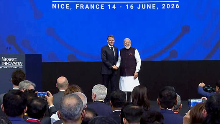 RECORD DATE NOT STATED PM Modi exchanges a handshake with French President Emmanuel Macron Nice France , Jun 14 (ANI): Prime Minister Narendra Modi exchanges a handshake with French President Emmanuel Macron before the joint inauguration of the Bharat Innovates event, in Nice on Sunday. (DD ANI Video Grab) Nice France Copyright: xANIx ANI_20260614147
