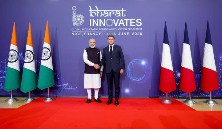RECORD DATE NOT STATED PM Modi and French President Emmanuel Macron jointly inaugurate the Bharat Innovates event Nice France , Jun 14 (ANI): Prime Minister Narendra Modi exchanges a handshake with French President Emmanuel Macron before the joint inauguration of the Bharat Innovates event, in Nice on Sunday. (Narendra Modi Photo Gallery ANI Photo) Nice France Copyright: xANIx ANI_20260614184
