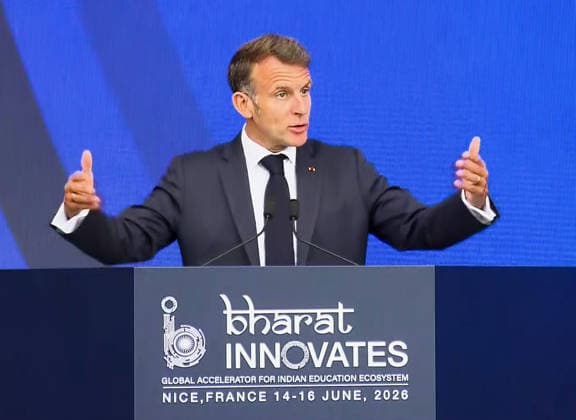 RECORD DATE NOT STATED PM Modi and French President Emmanuel Macron jointly inaugurate the Bharat Innovates event Nice France , Jun 14 (ANI): French President Emmanuel Macron speaks during the joint inauguration of the Bharat Innovates event, in Nice on Sunday. (DD ANI Video Grab) Nice France Copyright: xANIx ANI_20260614219
