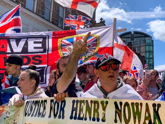 Henry Nowak Sheffield protest - 13 Jun 2026 Anti-immigration protestors jeer at the anti-fascist counter-protestors who have come out to intercept their march towards a migrant hotel. Raise the Flag patriots clashed with anti-fascist counter-protestors in Sheffield. The two opposing groups had to be kept apart by cordons of Police with horses moving the anti-fascist demonstrators on and penning them in. The patriots were out protesting the death of Henry Nowak whilst in Police custody. Sheffield United Kingdom Copyright: xLabxMox xSOPAxImagesx LabMO_Sheffield_Henry_Nowak_Protests_SOPA_4.jpeg
