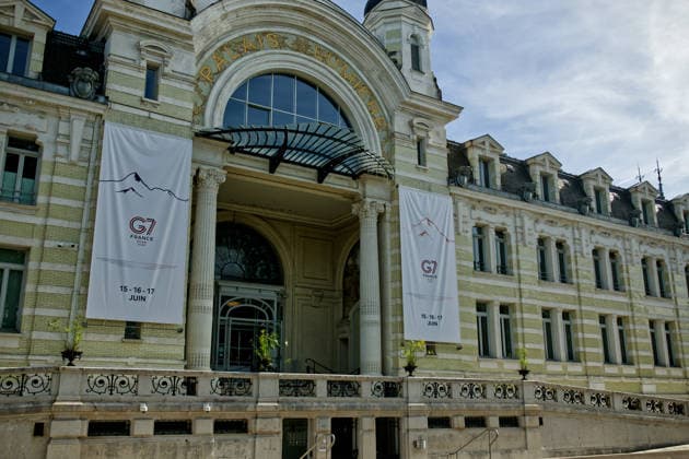 June 13, 2026, °Vian-Les-Bains, Haute-Savoie, France: EVIAN-LES-BAINS, FRANCE - JUNE 14, 2026: G7 summit promotional banners hang on the facade of the historic Palais LumioÂ¨re in Evian-les-Bains, France, June 14, 2026, ahead of the upcoming international summit scheduled for June 15-17. Security measures and logistical preparations have intensified across the lakeside town as it prepares to host world leaders for the annual Group of Seven conference °Vian-Les-Bains France  - ZUMAc267 20260613_zip_c267_010 Copyright: xMarcoxCordonex