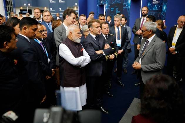 Macron Modi Bharat Innovates PHOTOPQR NICE MATIN Dylan Meiffret Nice 14 06 2026 Le president Francais Emmanuel Macron est accueilli par le premier ministre Indien Narendra Modi au salon bharat innovates au palais des expositions a Nice, France, june 14th 2026 French President Emmanuel Macron is welcomed by Indian Prime Minister Narendra Modi at the Bharat Innovations trade fair at the exhibition center in Nice Nice France  Copyright: xPHOTOPQR NICExMATIN MAXPPPxDylanxMeiffretx 20260614NIM0739 20260614NIM0772