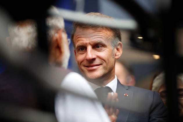 Macron Modi Bharat Innovates PHOTOPQR NICE MATIN Dylan Meiffret Nice 14 06 2026 Le president Francais Emmanuel Macron est accueilli par le premier ministre Indien Narendra Modi au salon bharat innovates au palais des expositions a Nice, France, june 14th 2026 French President Emmanuel Macron is welcomed by Indian Prime Minister Narendra Modi at the Bharat Innovations trade fair at the exhibition center in Nice Nice France  Copyright: xPHOTOPQR NICExMATIN MAXPPPxDylanxMeiffretx 20260614NIM0739 20260614NIM0775