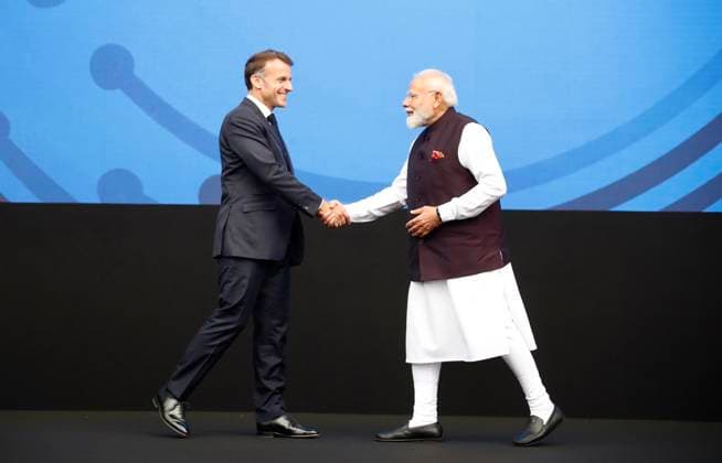 Macron Modi Bharat Innovates PHOTOPQR NICE MATIN Dylan Meiffret Nice 14 06 2026 Le president Francais Emmanuel Macron est accueilli par le premier ministre Indien Narendra Modi au salon bharat innovates au palais des expositions a Nice, France, june 14th 2026 French President Emmanuel Macron is welcomed by Indian Prime Minister Narendra Modi at the Bharat Innovations trade fair at the exhibition center in Nice Nice France  Copyright: xPHOTOPQR NICExMATIN MAXPPPxDylanxMeiffretx 20260614NIM0739 20260614NIM0756