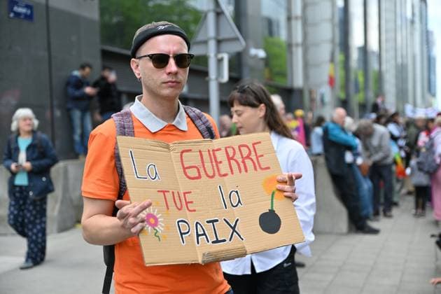 People take the streets for an European demonstration against militarisation under the slogan For social justice and against war , organised by Stop Militarisation platform in Brussels, Sunday 14 June 2026.  EMILExWINDAL 177624071