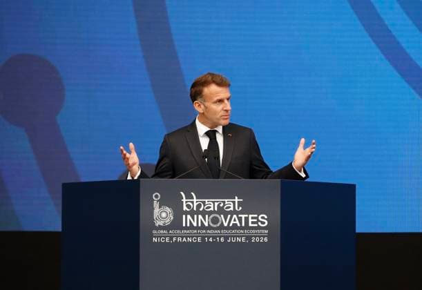 Bharat Innovates PHOTOPQR NICE MATIN Dylan Meiffret Nice 14 06 2026 Le president Francais Emmanuel Macron est accueilli par le premier ministre Indien NarendraModi au salon bharat innovates au palais des expositions a Nice, France, june 14th 2026 French President Emmanuel Macron is welcomed by Indian Prime Minister NarendraModi at the Bharat Innovations trade fair at the exhibition center in Nice Nice France  Copyright: xPHOTOPQR NICExMATIN MAXPPPxDylanxMeiffretx 20260614NIM0739 20260614NIM0762