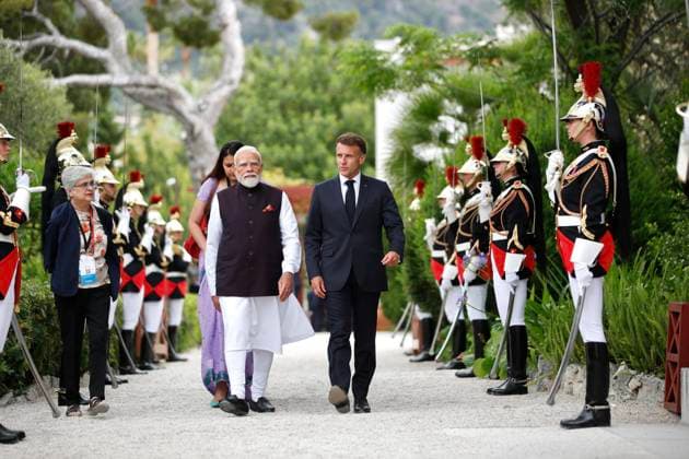 Macron Modi villa Kerylos PHOTOPQR NICE MATIN Dylan Meiffret Beaulieu sur mer 14 06 2026 Le president Francais Emmanuel Macron accueille le premier ministre Indien Narendra Modi a la villa Kerylos a Beaulieu sur Mer Beaulieu sur Mer, France June 14, 2026 French President Emmanuel Macron welcomes Indian Prime Minister Narendra Modi to the Villa Kerylos in Beaulieu sur Mer Beaulieu sur mer France  Copyright: xPHOTOPQR NICExMATIN MAXPPPxDylanxMeiffretx 20260614NIM0798 20260614NIM0787