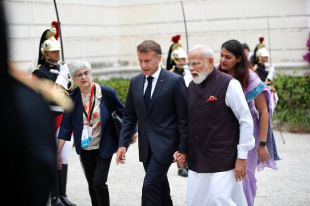 Macron Modi villa Kerylos PHOTOPQR NICE MATIN Dylan Meiffret Beaulieu sur mer 14 06 2026 Le president Francais Emmanuel Macron accueille le premier ministre Indien Narendra Modi a la villa Kerylos a Beaulieu sur Mer Beaulieu sur Mer, France June 14, 2026 French President Emmanuel Macron welcomes Indian Prime Minister Narendra Modi to the Villa Kerylos in Beaulieu sur Mer Beaulieu sur mer France  Copyright: xPHOTOPQR NICExMATIN MAXPPPxDylanxMeiffretx 20260614NIM0798 20260614NIM0798