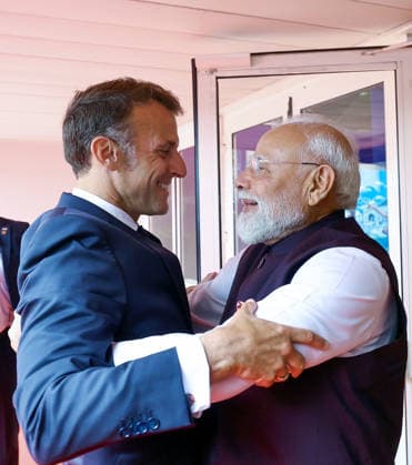 RECORD DATE NOT STATED PM Modi meets French President Emmanuel Macron Nice France , Jun 14 (ANI): French President Emmanuel Macron welcomes Prime Minister Narendra Modi with a hug, in Nice on Sunday. (Narendra Modi Photo Gallery ANI Photo) Nice France Copyright: xANIx ANI_20260614279