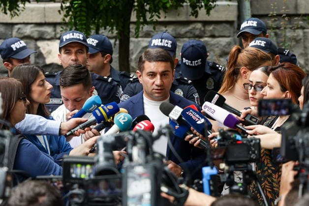 ARMENIA, YEREVAN - JUNE 14, 2026: Economic Nairi Sargsyan talks to journalists outside the offices of the Central Electoral Commission of Armenia ahead of the announcement of the results of the 2026 Armenian parliamentary election. Alexander Patrin TASS  93805739