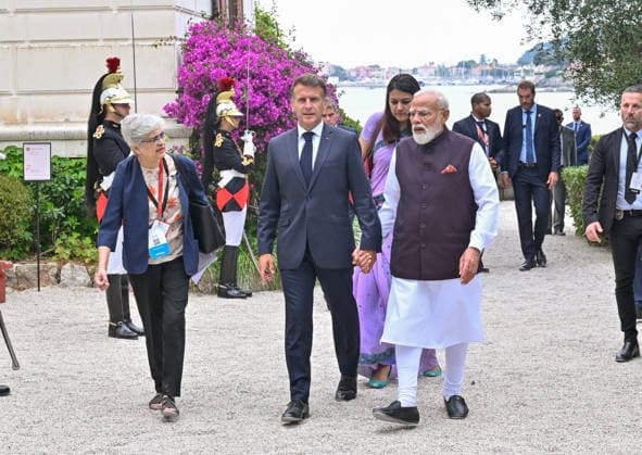 Barhat Innovates Fair - Nice Indian Prime Minister Narendra Modi and French President Emmanuel Macron visit the villa Kerylos before a meeting in Beaulieu-sur-mer, France on June 14, 2026. Photo by Laurent Coust ABACAPRESS.COM Nice France  Copyright: xCoustxLaurent ABACAx
