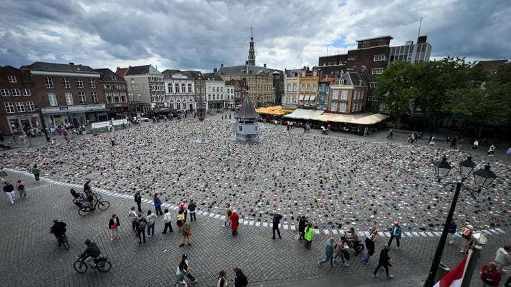 Commemoration in Bosch for Palestinian children and journalists killed by Israel BOSCH, NETHERLANDS - JUNE 14: Photographs and names of journalists killed in the Israeli attacks on Gaza, and thousands of children’s shoes are displayed during a commemoration event held for Palestinian children and journalists killed in Israel’s attacks on Gaza in Bosch, Netherlands on June 14, 2026. Organized by the Plant an Olive Tree Foundation in Markt Square in the city center of Den Bosch, the event honored Palestinian children and journalists who lost their lives in Israeli attacks in Gaza. Abdullah Asiran Anadolu Bosch Netherlands. Editorial use only. Please get in touch for any other usage.  Copyright: x2026xAnadoluxAbdullahxAsiranx