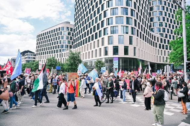 People take the streets for a European demonstration against militarisation under the slogan For social justice and against war , organised by Stop Militarisation platform in Brussels, Sunday 14 June 2026.  EMILExWINDAL 177637401