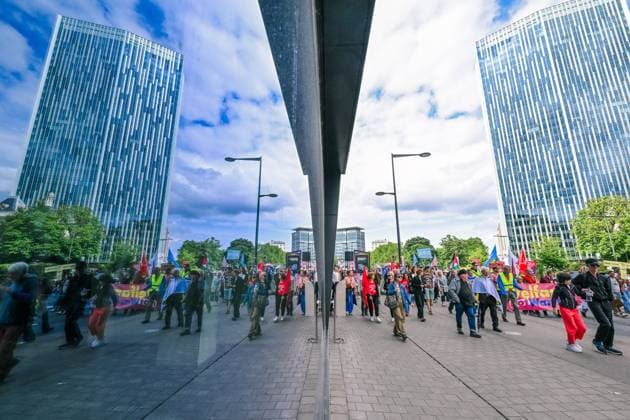 People take the streets for a European demonstration against militarisation under the slogan For social justice and against war , organised by Stop Militarisation platform in Brussels, Sunday 14 June 2026.  EMILExWINDAL 177637416