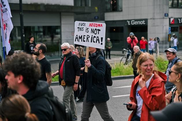 People take the streets for a European demonstration against militarisation under the slogan For social justice and against war , organised by Stop Militarisation platform in Brussels, Sunday 14 June 2026.  EMILExWINDAL 177637420
