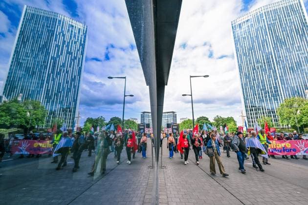 People take the streets for a European demonstration against militarisation under the slogan For social justice and against war , organised by Stop Militarisation platform in Brussels, Sunday 14 June 2026.  EMILExWINDAL 177637427