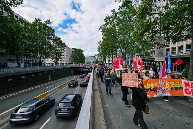 People take the streets for a European demonstration against militarisation under the slogan For social justice and against war , organised by Stop Militarisation platform in Brussels, Sunday 14 June 2026.  EMILExWINDAL 177637481