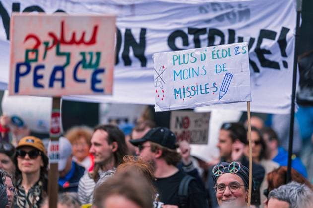People take the streets for an European demonstration against militarisation under the slogan For social justice and against war , organised by Stop Militarisation platform in Brussels, Sunday 14 June 2026.  EMILExWINDAL 177639118