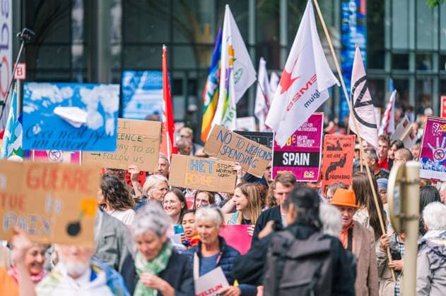 People take the streets for an European demonstration against militarisation under the slogan For social justice and against war , organised by Stop Militarisation platform in Brussels, Sunday 14 June 2026.  EMILExWINDAL 177639184