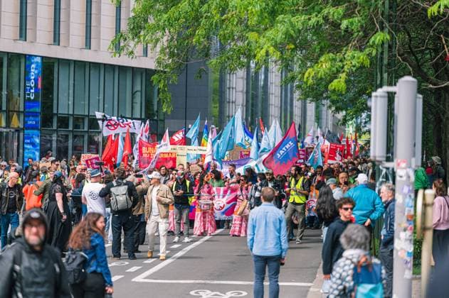 People take the streets for an European demonstration against militarisation under the slogan For social justice and against war , organised by Stop Militarisation platform in Brussels, Sunday 14 June 2026.  EMILExWINDAL 177639203