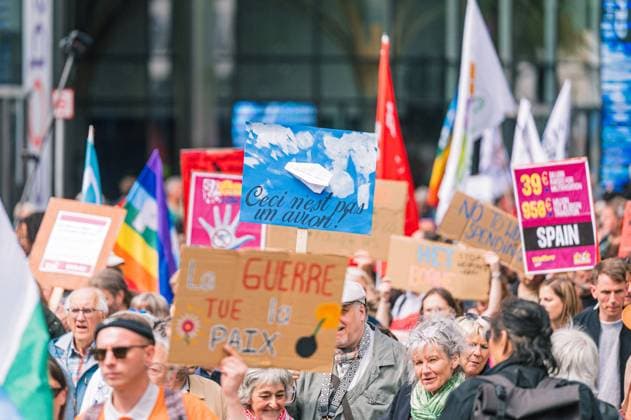 People take the streets for an European demonstration against militarisation under the slogan For social justice and against war , organised by Stop Militarisation platform in Brussels, Sunday 14 June 2026.  EMILExWINDAL 177639216