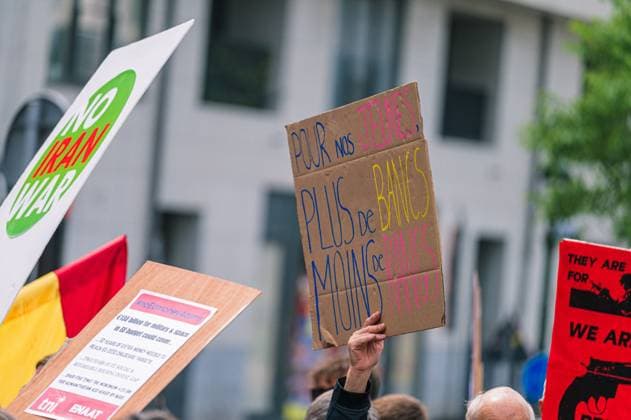 People take the streets for an European demonstration against militarisation under the slogan For social justice and against war , organised by Stop Militarisation platform in Brussels, Sunday 14 June 2026.  EMILExWINDAL 177639304