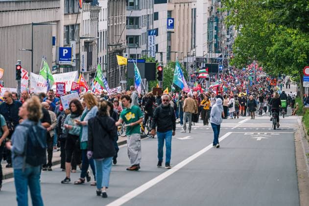 People take the streets for an European demonstration against militarisation under the slogan For social justice and against war , organised by Stop Militarisation platform in Brussels, Sunday 14 June 2026.  EMILExWINDAL 177639352