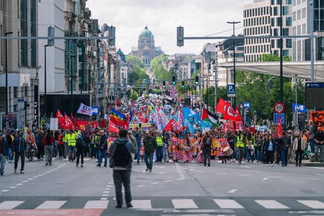 People take the streets for an European demonstration against militarisation under the slogan For social justice and against war , organised by Stop Militarisation platform in Brussels, Sunday 14 June 2026.  EMILExWINDAL 177639360