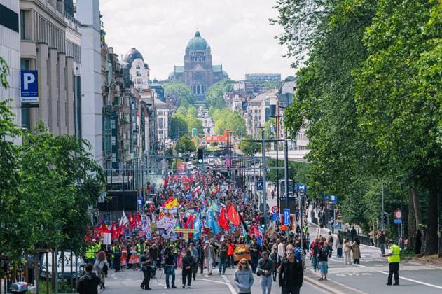 People take the streets for an European demonstration against militarisation under the slogan For social justice and against war , organised by Stop Militarisation platform in Brussels, Sunday 14 June 2026.  EMILExWINDAL 177639370