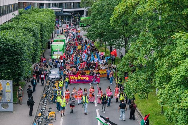 People take the streets for an European demonstration against militarisation under the slogan For social justice and against war , organised by Stop Militarisation platform in Brussels, Sunday 14 June 2026.  EMILExWINDAL 177639404