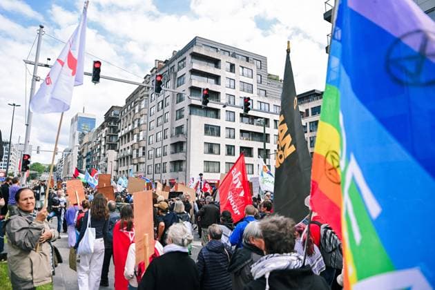 People take the streets for a European demonstration against militarisation under the slogan For social justice and against war , organised by Stop Militarisation platform in Brussels, Sunday 14 June 2026.  EMILExWINDAL 177641249