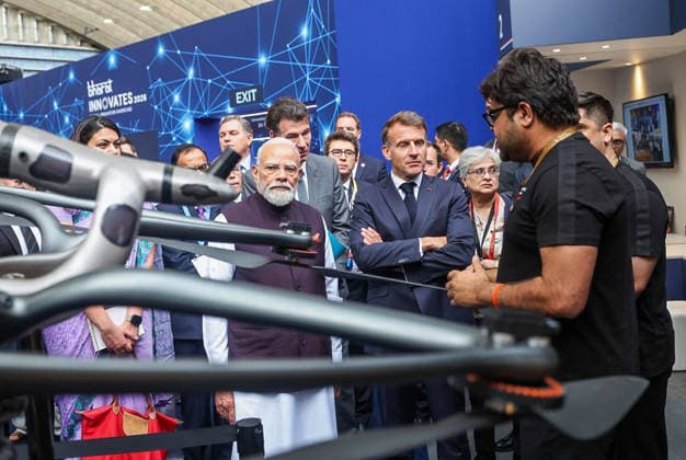 RECORD DATE NOT STATED PM Modi visits an exhibition at the Bharat Innovates 2026 event in Nice Nice France , Jun 14 (ANI): Prime Minister Narendra Modi visits an exhibition at the Bharat Innovates 2026 event, in Nice on Sunday. French President Emmanuel Macron also present. (@MEAIndia X ANI Photo) Nice France Copyright: xANIx ANI_20260614311