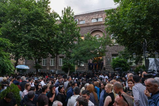 ARMENIA, YEREVAN - JUNE 14, 2026: People are seen outside the offices of the Central Electoral Commission of Armenia during the announcement of the results of the 2026 Armenian parliamentary election. Alexander Patrin TASS  93812352