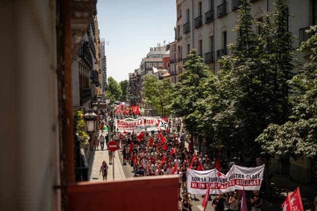 Demonstration in Madrid against rearmament and military escalation MADRID, SPAIN JUNE 2026: Demonstrators take part in a protest against rearmament and what organizers describe as imperialist war in central Madrid. Participants denounced rising military spending and opposed ongoing plans to strengthen European defense capabilities, including the â‚¬800 billion Rearm Europe initiative promoted by Ursula von der Leyen. The demonstration took place amid growing international tensions and debates over security, defense policy and military investment across Europe. Photo by C. Carvajal JNA Press (Photo by C. Carvajal JNA Press via Nexpher Images) Madrid MADRID