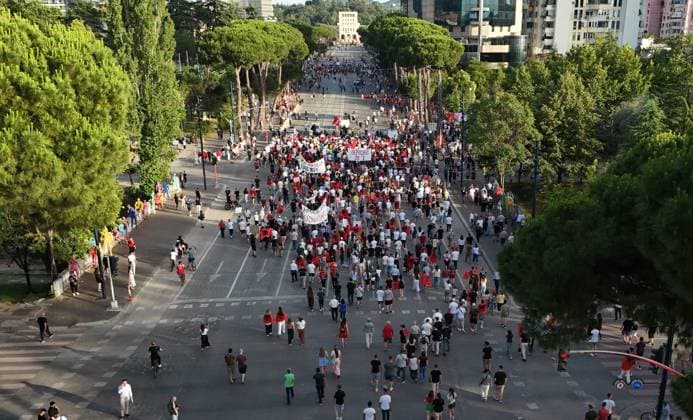 Protests against Zvernec tourism project in Albania continue on 15th day TIRANA, ALBANIA - JUNE 14: An aerial view of the area as protesters carrying Albanian flags march towards the Prime Ministry building along the Nation s Martyrs Boulevard (Bulevardi Deshmoret e Kombit) during a demonstration against a luxury tourism project in Zvernec linked to Ivanka Trump and Jared Kushner, on the 15th day of protests in Tirana, Albania on June 14, 2026. Olsi Shehu Anadolu Tirana Albania. Editorial use only. Please get in touch for any other usage.  Copyright: x2026xAnadoluxOlsixShehux