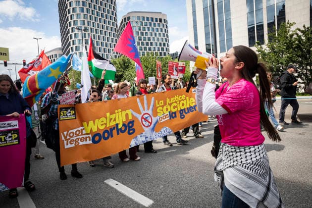 Several thousand demonstrators from across Europe marched through the Belgian capital today to protest against conflicts around the world, increases in military spending across EU member states, and budget cuts to numerous public services such as healthcare and education. - 14 06 2026 - Belgium Brussels Brussels -  NicolasxLandemardx xLexPictorium LePictorium_0336008