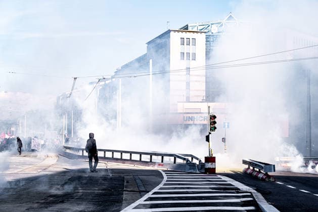 June 14, 2026, Geneva, Canton Of Geneva, Switzerland: Thousands of people took part in the NOG7 demonstration held in Geneva on 14 June. During the protest, shop windows were smashed and a car was set alight, and demonstrators clashed repeatedly with the police. The march, which set off from the lakeside, then made its way through the city centre, passing in front of the UNHCR headquarters, where clashes broke out. Geneva Switzerland - ZUMAs377 20260614_znp_s377_049 Copyright: xPietroxStariccox