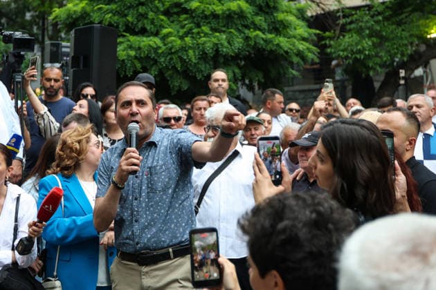 June 14, 2026, Yerevan, Armenia: Arman Abovyan speaks to protesters during the rally. Armenia™s Central Election Commission (CEC) has certified the results of the June 7 parliamentary elections, confirming that Prime Minister Nikol Pashinyan™s Civil Contract party secured 49.74% of the vote, enough to form a government independently without coalition partners. The Prosperous Armenia party, led by billionaire Gagik Tsarukyan, narrowly failed to clear the 4% parliamentary threshold and called on its supporters to gather outside the CEC building in protest. Opposition, rejecting the outcome as illegitimate, addressed crowds demanding a rerun of the vote. Yerevan Armenia - ZUMAs197 20260614_aaa_s197_227 Copyright: xYanxKhachkox