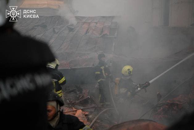 Aftermath of Russian overnight attack in Kyiv KYIV, UKRAINE - JUNE 15: (----EDITORIAL USE ONLY – MANDATORY CREDIT - STATE EMERGENCY SERVICE OF UKRAINE HANDOUT - NO MARKETING NO ADVERTISING CAMPAIGNS - DISTRIBUTED AS A SERVICE TO CLIENTS----) Firefighters work amid smoke and debris while extinguishing a fire following a Russian overnight missile and drone attack on Kyiv, Ukraine, on June 15, 2026. Ukrainian authorities said multiple people were killed and injured in the strikes, which caused fires and damage to residential buildings, religious sites and civilian infrastructure across several districts of the capital. State Emergency Service of Ukraine Anadolu Kyiv Ukraine. Editorial use only. Please get in touch for any other usage.  Copyright: x2026xAnadoluxStatexEmergencyxServicexofxUkrainex