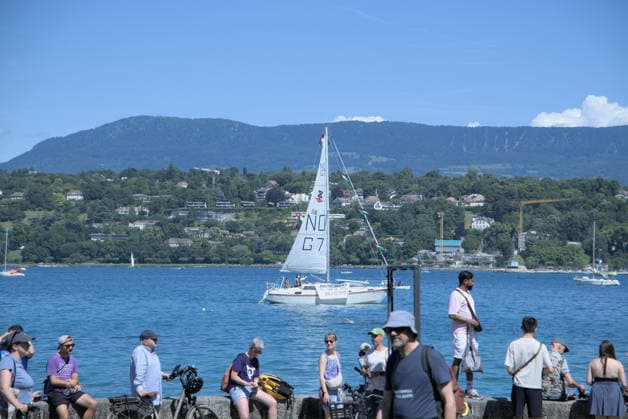 (260615) -- GENEVA, June 15, 2026 -- A boat with words on its sail reading No G7 is seen on a lake during a massive demonstration against the Group of Seven (G7) Summit in Geneva, Switzerland, June 14, 2026. A massive demonstration was staged on Sunday afternoon in Geneva to protest against the G7 summit which will be held in the French town of Evian from Monday to Wednesday. ) SWITZERLAND-GENEVA-G7 SUMMIT-PROTEST MaxRuxuan 