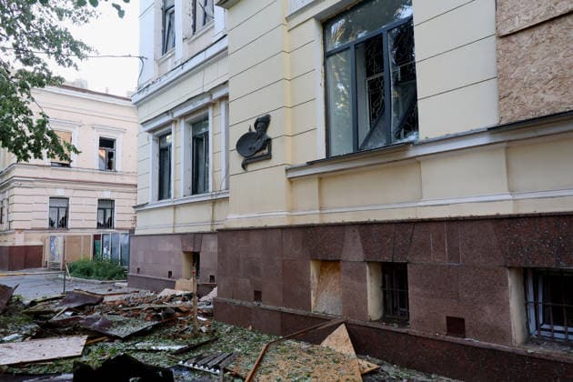 The Kharkiv Art Museum is damaged by a Russian drone strike, Kharkiv, Ukraine, June 14, 2026. The Russian army attacked the northeastern city with drones, injuring five people, including a one-month-old baby. On the afternoon of June 14, Russians struck two districts of Kharkiv with drones. (Photo by Viacheslav Madiievskyi Ukrinform) Russians strike Kharkiv Art Museum with drone  Copyright: xViacheslavxMadiievskyix