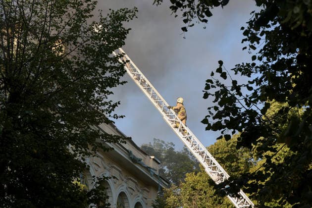 Rescuers use an aerial ladder to extinguish a fire at the Kharkiv Art Museum, caused by a Russian drone strike, Kharkiv, Ukraine, June 14, 2026. The Russian army attacked the northeastern city with drones, injuring five people, including a one-month-old baby. On the afternoon of June 14, Russians struck two districts of Kharkiv with drones. (Photo by Viacheslav Madiievskyi Ukrinform) Russians strike Kharkiv Art Museum with drone  Copyright: xViacheslavxMadiievskyix