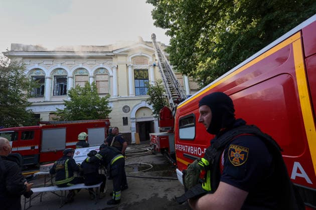 Rescuers work from an emergency response headquarters set outside the Kharkiv Art Museum that caught fire due to a Russian drone strike, Kharkiv, Ukraine, June 14, 2026. The Russian army attacked the northeastern city with drones, injuring five people, including a one-month-old baby. On the afternoon of June 14, Russians struck two districts of Kharkiv with drones. (Photo by Viacheslav Madiievskyi Ukrinform) Russians strike Kharkiv Art Museum with drone  Copyright: xViacheslavxMadiievskyix