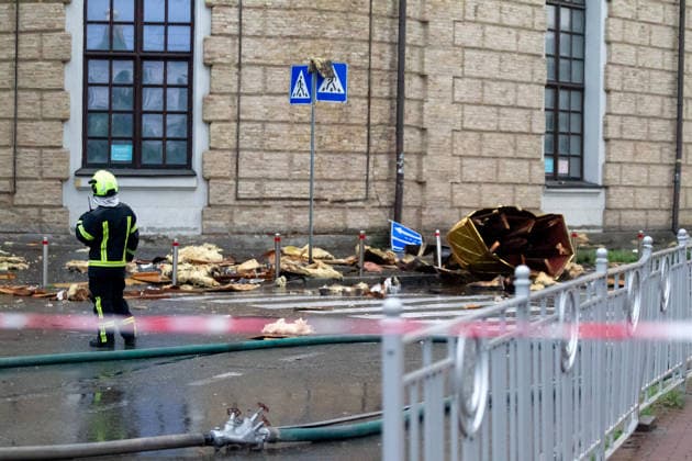 A firefighter stands in the street near a dome brought down by a massive Russian combined attack, Kyiv, Ukraine, June 15, 2026. The Russian army launched a large-scale assault on the Ukrainian capital with missiles and strike drones, killing four people and injuring 28, including children and a pregnant woman. At least 140,000 consumers were left without electricity due to damage to power grids. Residential buildings, the Kyiv Pechersk Lavra, the Mystetskyi Arsenal Museum Complex, the Dovzhenko Film Studio, and the building of the High Anti-Corruption Court sustained damage. (Photo by Kyrylo Chubotin Ukrinform) Massive Russian attack damages Kyiv Pechersk Lavra and Mystetskyi Arsenal in Kyiv  Copyright: xKirillxChubotinx