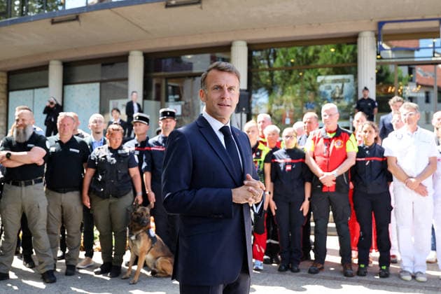Macron Greets Local Officials Before G7 Summit - Evian President Emmanuel Macron greets local elected officials and security forces before the start of the G7 summit in Evian on June 15, 2026. Photo by Dominique Jacovides Pool ABACAPRESS.COM Evian France  Copyright: xJacovidesxDominique Pool ABACAx