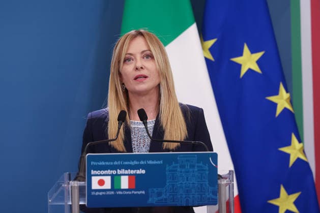 IPA85716768 - Rome, Italy June 15, 2026: Giorgia Meloni during the joint press conference following the meeting. At Villa Pamphilj, Prime Minister Giorgia Meloni meets with Japanese Prime Minister Sanae Takaichi. The meeting reaffirms the strength of bilateral relations and the shared commitment to strengthening cooperation and friendship between Italy and Japan in key areas of strategic interest.  Copyright: xmarcoxiacobuccix xmarcoxiacobuccix 85716768