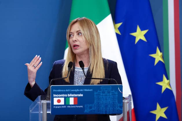 IPA85716772 - Rome, Italy June 15, 2026: Giorgia Meloni during the joint press conference following the meeting. At Villa Pamphilj, Prime Minister Giorgia Meloni meets with Japanese Prime Minister Sanae Takaichi. The meeting reaffirms the strength of bilateral relations and the shared commitment to strengthening cooperation and friendship between Italy and Japan in key areas of strategic interest.  Copyright: xmarcoxiacobuccix xmarcoxiacobuccix 85716772
